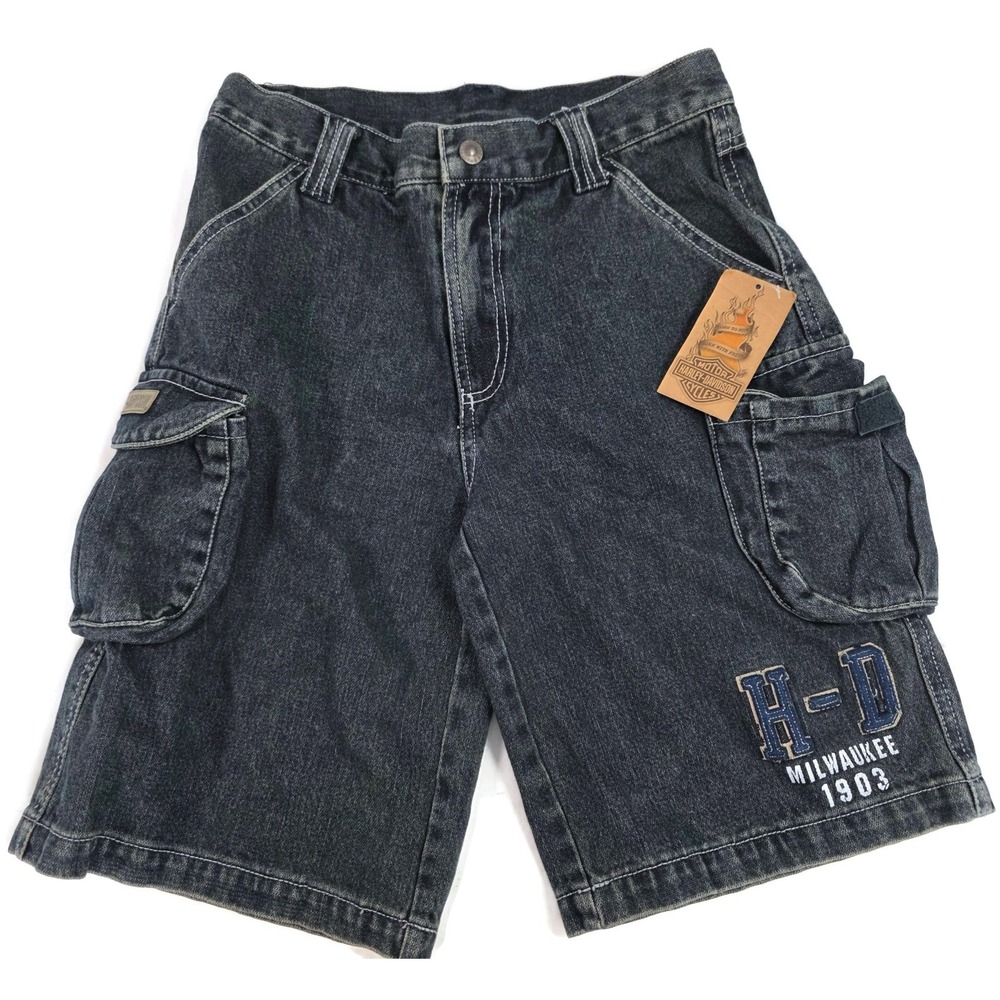 Harley Davidson Shorts Boys 12 Blue Denim Jean Cargo H D Milwaukee 1903 Biker